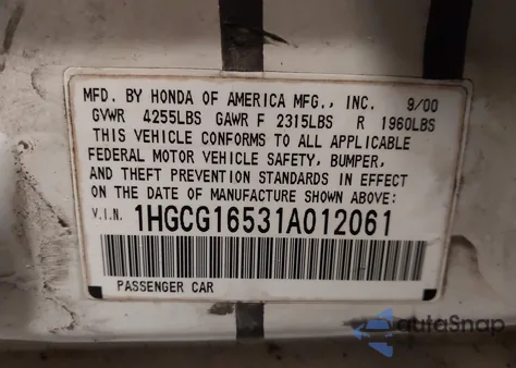 2001 Honda Accord 3.0 Ex z USA, uszkodzony, nr VIN 1HGCG16531A012061